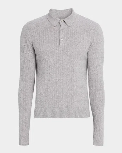 Neiman Marcus Men's Classic Micro Cable-knit Long-sleeve Polo In Gray