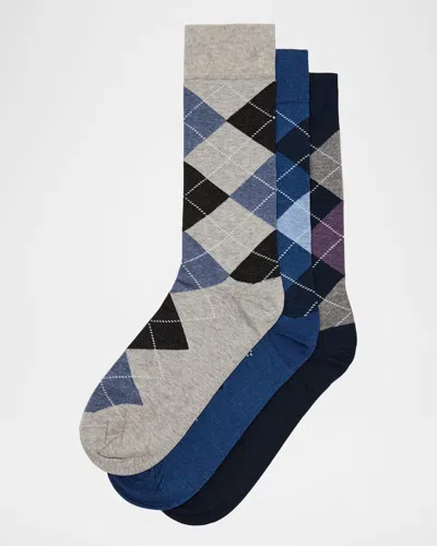 Neiman Marcus Men's Cool-tone Argyle 3-pack Crew Socks In Multi