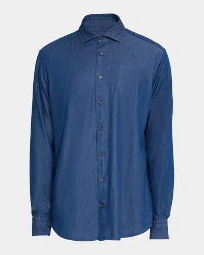 Neiman Marcus Men's Denim Spread-collar Sport Shirt In Blue
