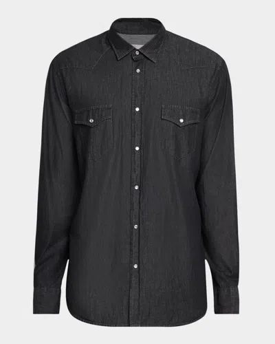 Neiman Marcus Men's Denim Western Button-down Shirt In Gray