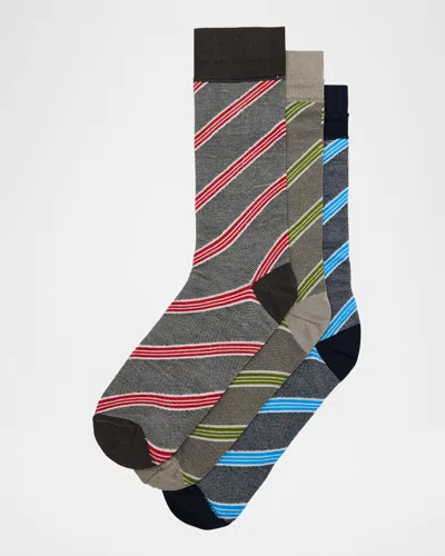 Neiman Marcus Men's Diagonal Stripe 3-pack Crew Socks In Multi