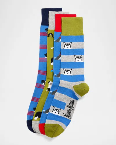 Neiman Marcus Men's Dog Pattern 4-pack Crew Socks, Boxed Gift Set In Brown