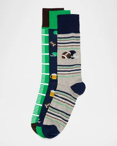 Neiman Marcus Men's Football 3-pack Crew Socks, Boxed Gift Set In Blue