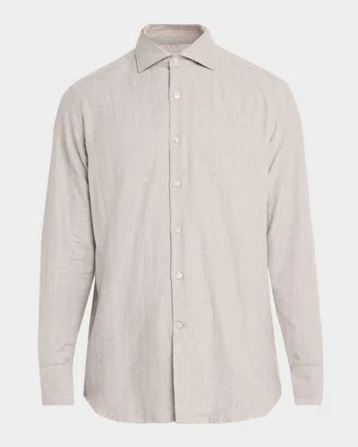 Neiman Marcus Men's Herringbone Cotton Flannel Button-down Shirt In Neutral