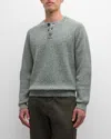 Neiman Marcus Men's Marled Button Crewneck Sweater In Olive/white