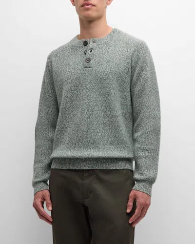 Neiman Marcus Men's Marled Button Crewneck Sweater In Olive/white