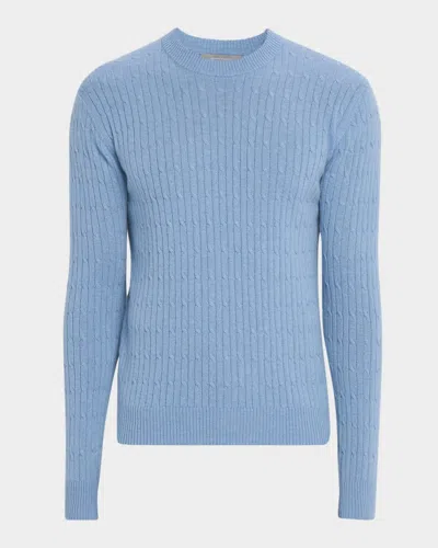 Neiman Marcus Men's Micro Cable-knit Cashmere Crewneck Pullover In Blue