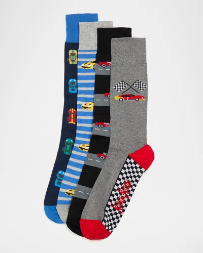 Neiman Marcus Men's Moto Cars 4-pack Crew Socks, Boxed Gift Set In Multi