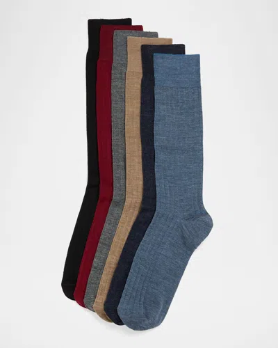 Neiman Marcus Men's Multicolor Merino Wool Rib 6-pack Crew Socks, Boxed Gift Set