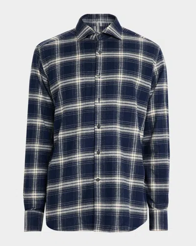 Neiman Marcus Men's Overplaid Flannel Classic Fit Button-down Shirt In Blue