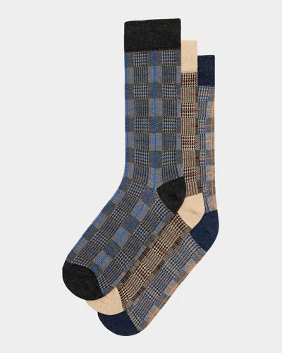 Neiman Marcus Men's Plaid Houndstooth 3-pack Crew Socks In Blue