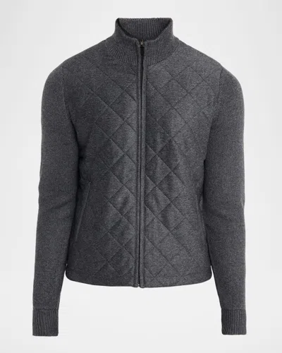 Neiman Marcus Men's Quilted Full-zip Sweater In Blue
