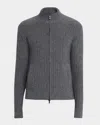 Neiman Marcus Men's Ribbed Full-zip Cashmere Sweater In Gray