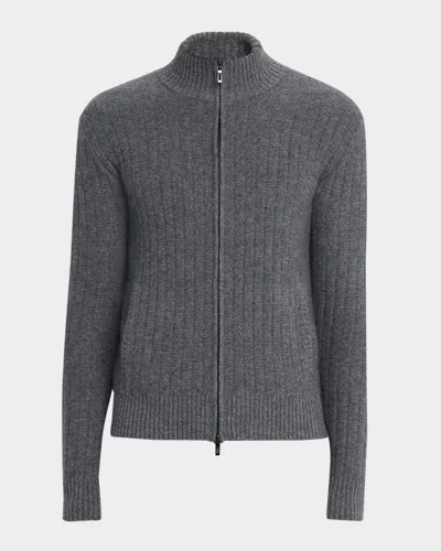 Neiman Marcus Men's Ribbed Full-zip Cashmere Sweater In Gray