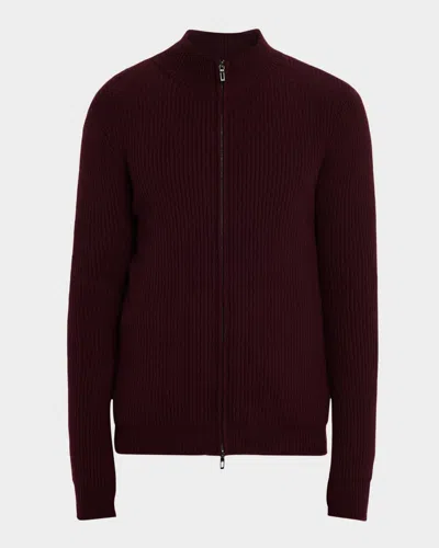 Neiman Marcus Men's Ribbed Full-zip Cashmere Sweater In Purple