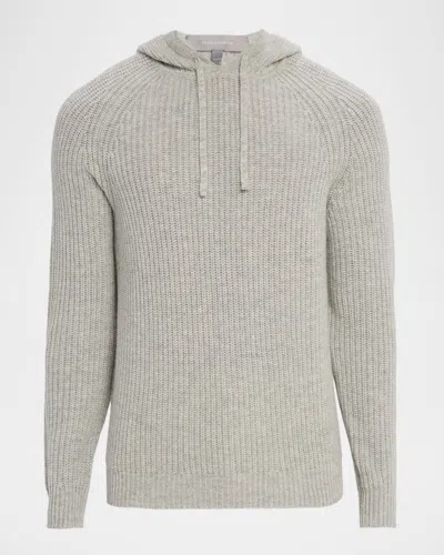 Neiman Marcus Men's Ribbed Wool And Cashmere Knit Hoodie In Blue