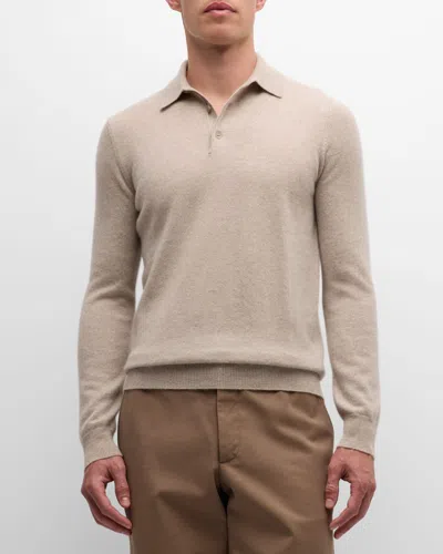 Neiman Marcus Men's Solid Cashmere Polo Sweater In Antelope