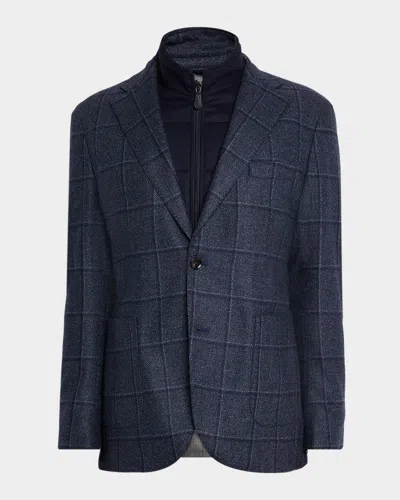 Neiman Marcus Men's Windowpane Wool And Silk Sport Coat With Zip Vest In Blue