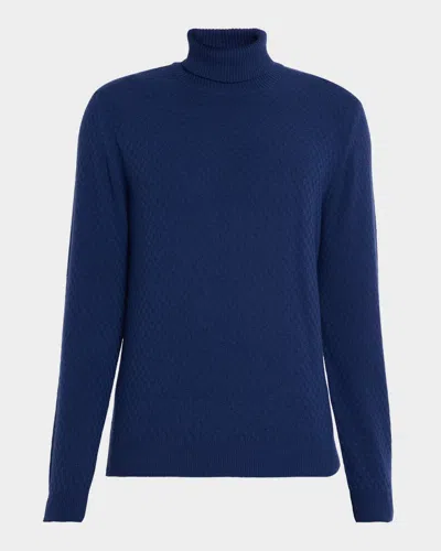 Neiman Marcus Men's Wool And Cashmere Basketweave Turtleneck Sweater In Blue