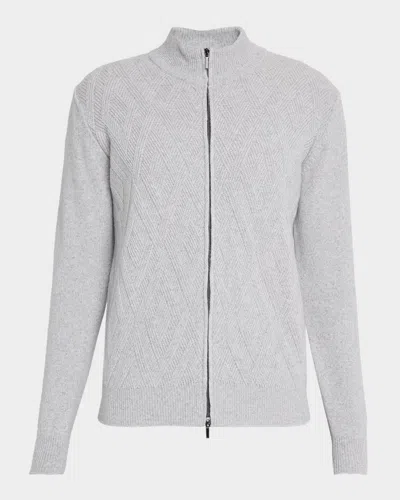 Neiman Marcus Men's Wool And Cashmere Diamond-knit Full-zip Sweater In Gray