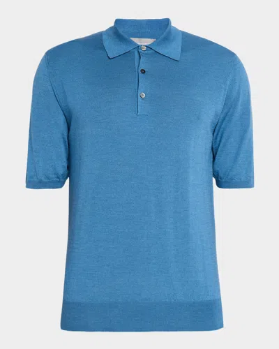 Neiman Marcus Men's Wool And Silk Short-sleeve Polo Sweater In Blue