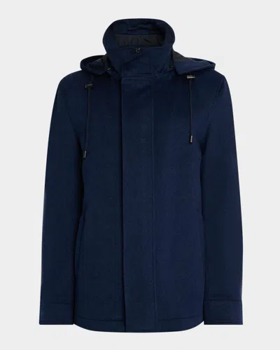 Neiman Marcus Men's Wool Hidden-zip Car Coat With Hood In Blue
