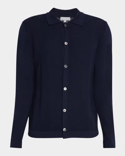 Neiman Marcus Men's Wool Jacquard Button-front Sweater In Black