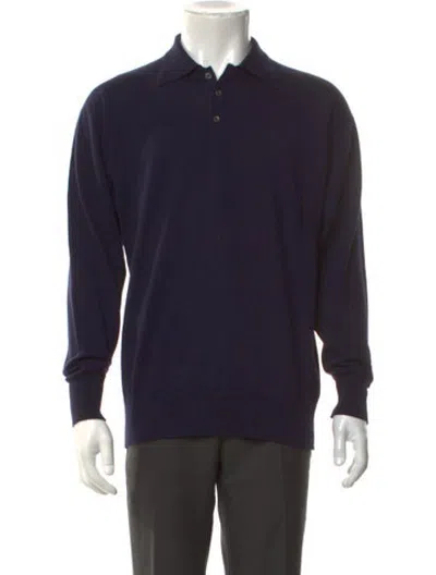 Pre-owned Neiman Marcus Merino Wool Collar Polo Sweater In Blue