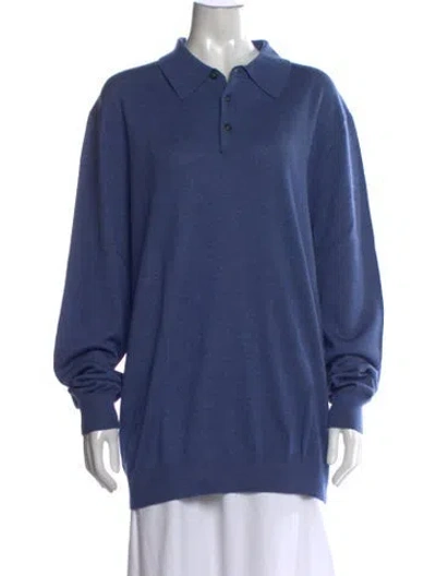 Pre-owned Neiman Marcus Merino Wool Long Sleeve Polo In Blue