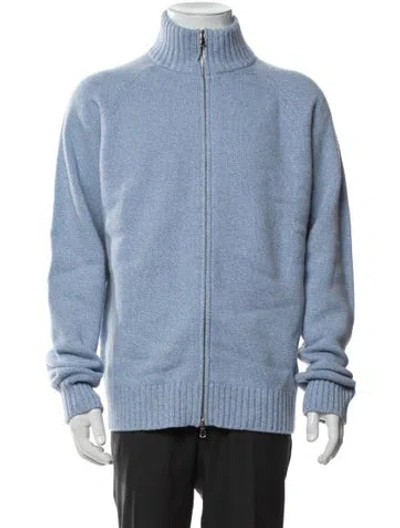 Pre-owned Neiman Marcus Merino Wool Mock Neck Cardigan W/ Tags In Blue