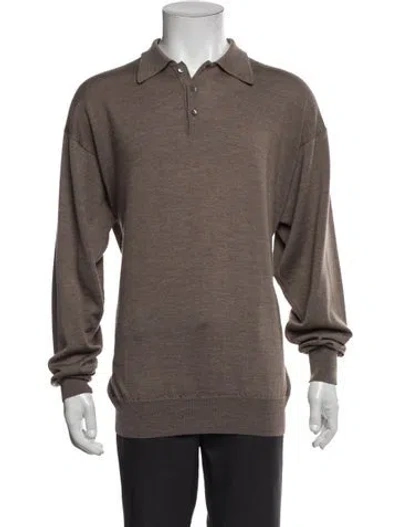 Pre-owned Neiman Marcus Merino Wool Mock Neck Polo Sweater In Brown