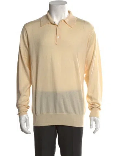 Pre-owned Neiman Marcus Merino Wool Mock Neck Polo Sweater In Yellow