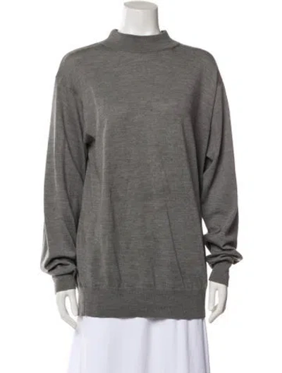 Pre-owned Neiman Marcus Merino Wool Mock Neck Sweater In Gray