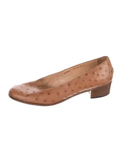 Pre-owned Neiman Marcus Ostrich Animal Print Pumps In Brown