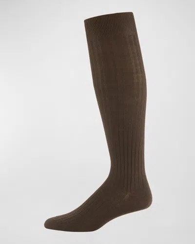 Neiman Marcus Over-the-calf Ribbed Socks In Brown