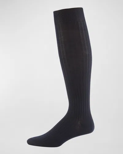 Neiman Marcus Over-the-calf Ribbed Socks In Blue