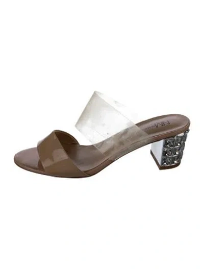 Pre-owned Neiman Marcus Patent Leather Crystal Embellishments Slides In Neutral