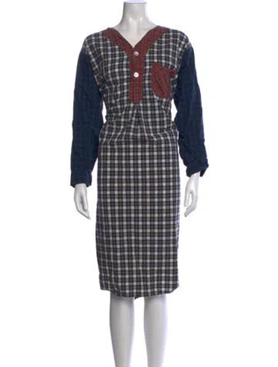 Pre-owned Neiman Marcus Plaid Print Knee-length Dress In Blue