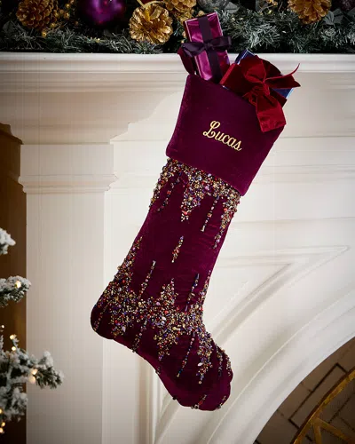 Neiman Marcus Plum Christmas Beaded Stocking, Personalized In Burgundy