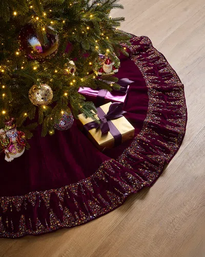 Neiman Marcus Plum Christmas Beaded Velvet Tree Skirt In Burgundy