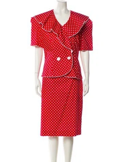 Pre-owned Neiman Marcus Polka Dot Print Ruffle Embellishment Skirt Suit In Red