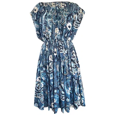 Pre-owned Neiman Marcus Rare 1970s Townley Blue + White Paisley Flower Print Vintage 70s Dress