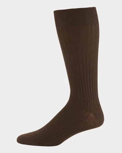 Neiman Marcus Ribbed Merino-silk Mid-calf Socks In Brown