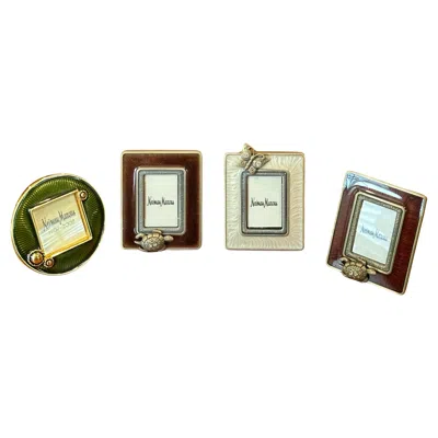 Pre-owned Neiman Marcus Set Of Four Mini Picture Frames In Brass, Enamel & Charms By Jay Strongwater In Sand