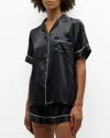 Neiman Marcus Short Silk Charmeuse Pajama Set In Black W White Piping