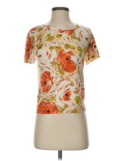 Pre-owned Neiman Marcus Short Sleeve Silk Top Ivory Floral Pattern Mock Neckline Tops In White