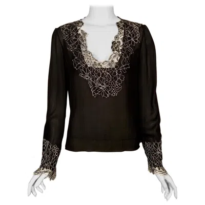 Pre-owned Neiman Marcus Silk Chiffon Blouse Black And White Spider Web Lace Never Worn
