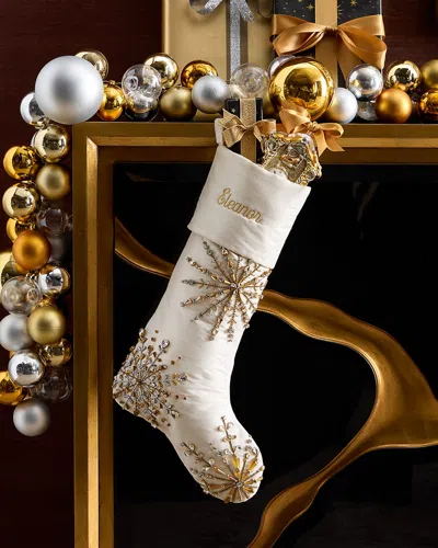 Neiman Marcus Silver And Gold Snowflake Stocking, Personalized In White