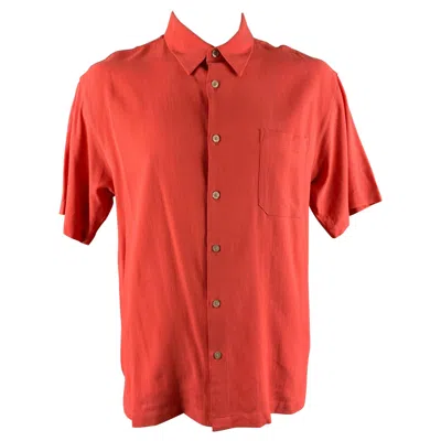 Pre-owned Neiman Marcus Size Xl Salmon Solid Silk Button Up Short Sleeve Shirt In Pink