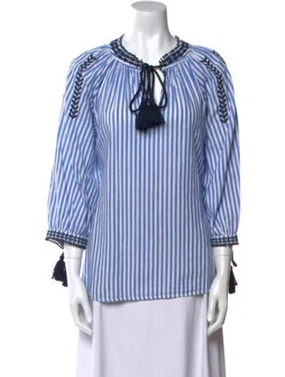 Pre-owned Neiman Marcus Striped Tie Neck Blouse In Blue